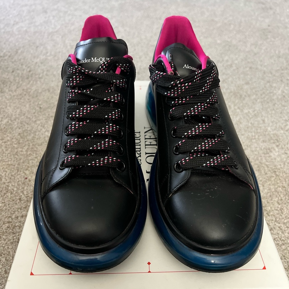 Alexander McQueen Black Sneakers with Pink Highlights and Blue Soles